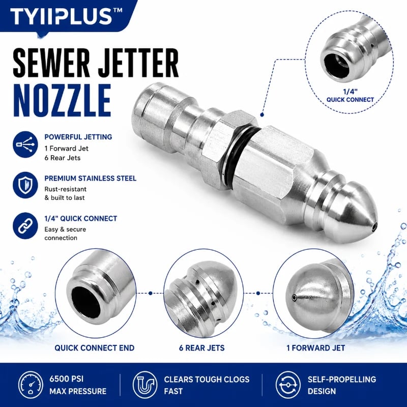 6500 PSI Sewer Jetter Nozzle – 1/4" Quick Connect Drain Cleaning Attachment for Pressure Washers
