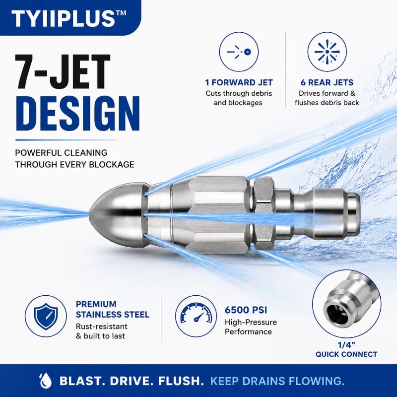 6500 PSI Sewer Jetter Nozzle – 1/4" Quick Connect Drain Cleaning Attachment for Pressure Washers